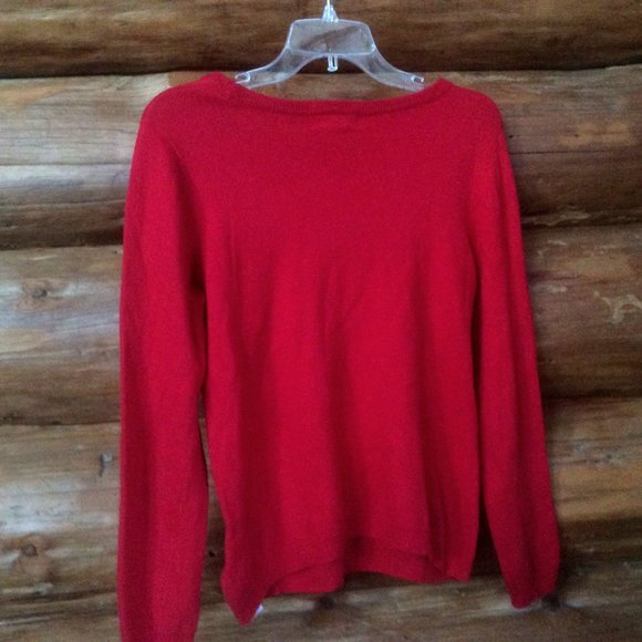Artisan NY Red Metallic Reindeer Cashmere Wool Blend Pom Pom Sweater Size Large - Picture 3 of 4